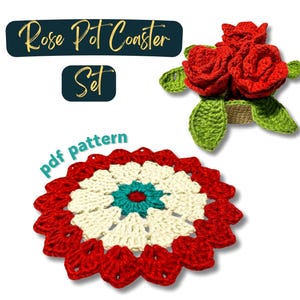 Rose Pot Coaster Set Crochet Pattern, Flower Pot Coaster, Flower Bouquet Plant Coaster, Floral Crochet Coaster, Crochet Home Decor