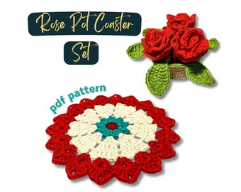 Rose Pot Coaster Set Crochet Pattern, Flower Pot Coaster, Flower Bouquet Plant Coaster, Floral Crochet Coaster, Crochet Home Decor