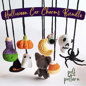 Halloween Car Charms Crochet Pattern Bundle, Spooky Amigurumi Car Hanging, Crochet Car Mirror Hanger, Crochet Halloween Swinging Car Decor