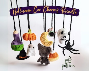 Halloween Car Charms Crochet Pattern Bundle, Spooky Amigurumi Car Hanging, Crochet Car Mirror Hanger, Crochet Halloween Swinging Car Decor
