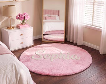 Custom Name Round Plush Rug, Personalized Fluffy Carpet for Girls Bedroom (3 Sizes)