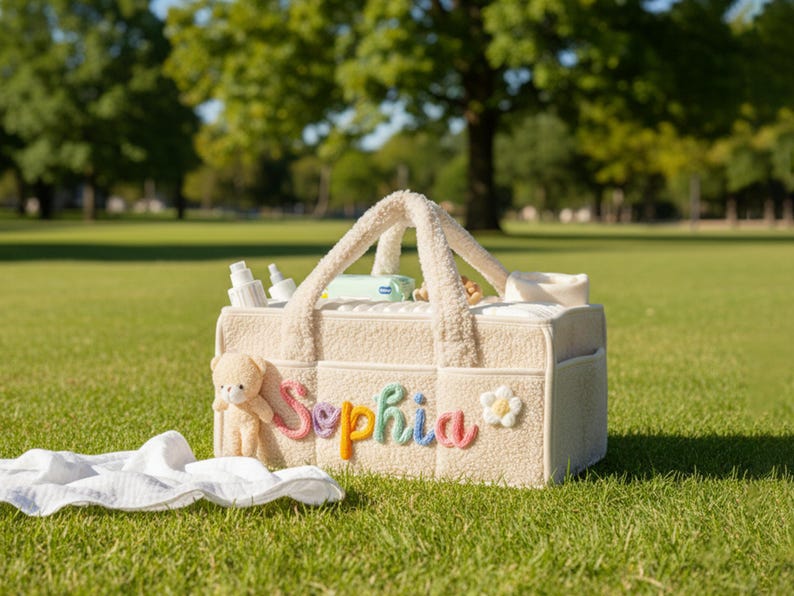 May include: Cream-colored baby bag with a teddy bear and the name "Sophia" in colorful letters. The bag has a fluffy texture and is filled with baby essentials. A white baby blanket rests on the grass.