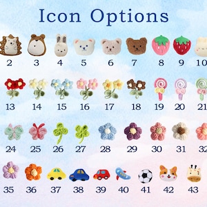 May include: A collection of 43 crocheted icon options, including animals, flowers, and vehicles. The icons are in various colors and designs, such as a lion, hedgehog, bear, bunny, strawberry, and car. The text "Icon Options" is at the top.