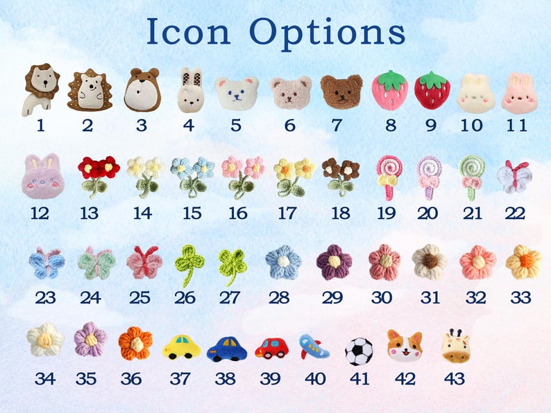 May include: A collection of 43 crocheted icon options, including animals, flowers, and vehicles. The icons are in various colors and designs, such as a lion, hedgehog, bear, bunny, strawberry, and car. The text "Icon Options" is at the top.