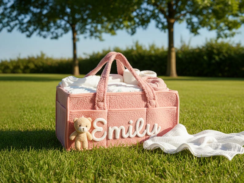 May include: A pink baby diaper caddy with the name "Emily" in white script. The caddy has a teddy bear attached and is filled with baby essentials. A white cloth is next to the caddy on the grass. The caddy has a handle for easy carrying.
