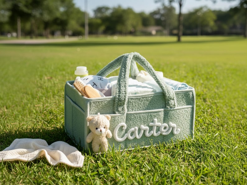 May include: A light green baby basket with the name "Carter" in white script. The basket is filled with baby items, including a bottle, brush, and soft toys. A small teddy bear sits next to the basket on the grass.
