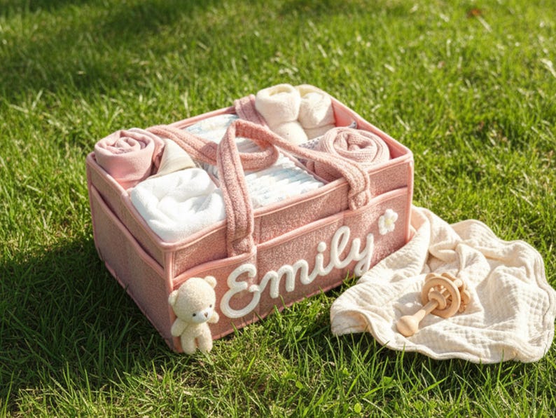 May include: A pink baby gift basket filled with diapers, rolled blankets, socks, and other baby essentials. The basket has the name "Emily" in white script. A small teddy bear and a wooden rattle are nearby.