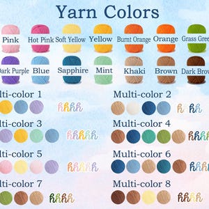 May include: An image titled "Yarn Colors" displays a variety of yarn colors, including white, pink, yellow, orange, green, purple, blue, and black. Multi-color yarn combinations are also shown, along with small, decorative stitch markers.