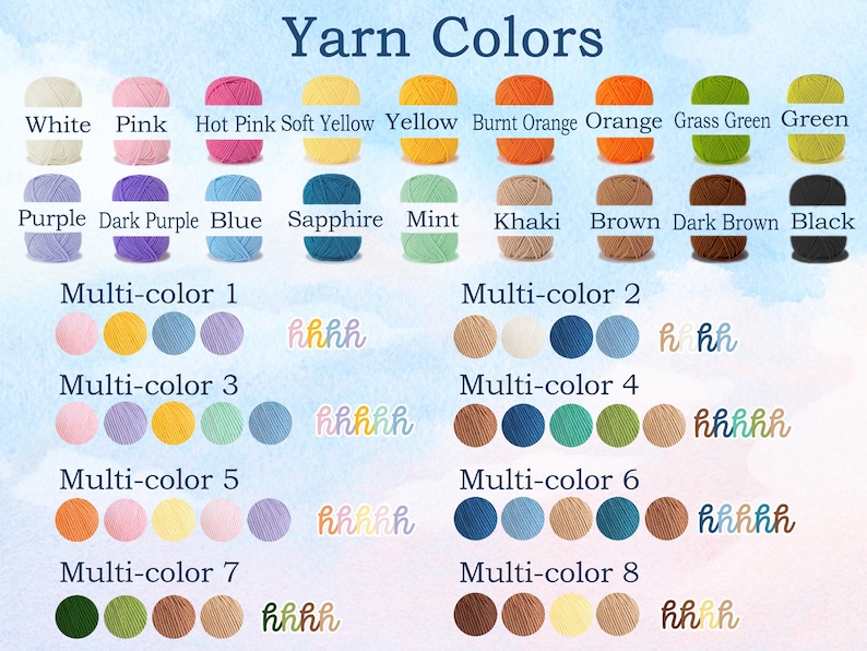 May include: An image titled "Yarn Colors" displays a variety of yarn colors, including white, pink, yellow, orange, green, purple, blue, and black. Multi-color yarn combinations are also shown, along with small, decorative stitch markers.