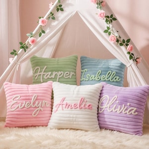 Personalized Striped Plush Throw Pillow, Square & Lumbar Custom Name Cushion for Girls Slumber Party Sleepover Decor