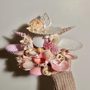 May include: A decorative arrangement of seashells in a variety of colours, including pink, white, and tan. The display features conch shells, scallop shells, and other types, creating a layered, textured look. The shells are held in a hand.