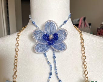 Beaded orchid necklace, flower necklace, white and blue orchid necklace