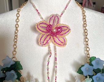 Beaded orchid necklace, flower necklace, pink and yellow orchid necklace