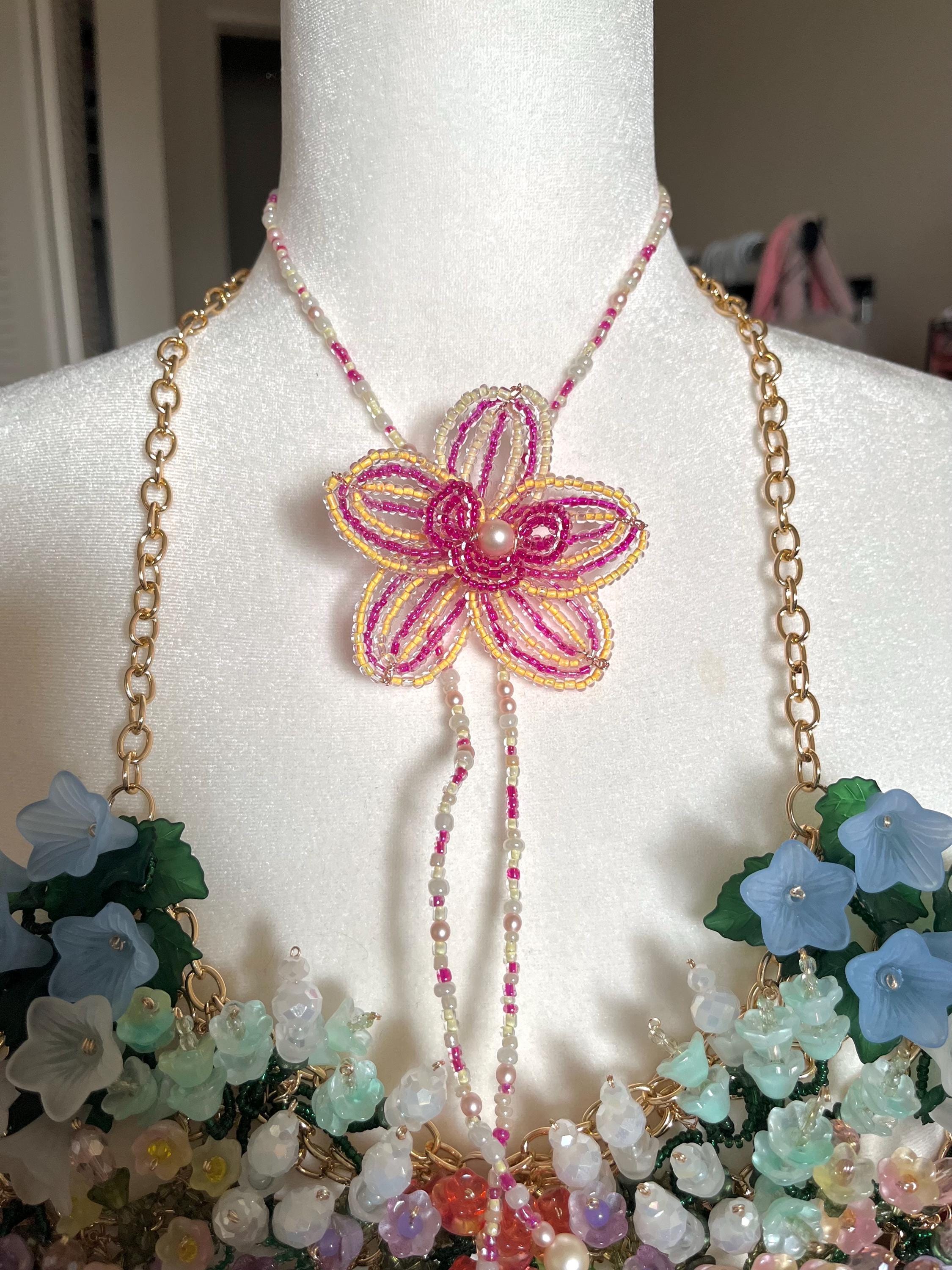 Beaded Orchid Necklace, Flower Necklace, Pink and Yellow Orchid