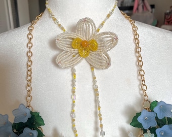 Beaded orchid necklace, flower necklace, white and yellow orchid necklace