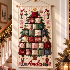 May include: A wall-hanging fabric advent calendar featuring a printed Christmas tree design with twenty-four numbered pockets. The calendar includes illustrations of nutcrackers, ballerinas, and gifts, with the name Amelia embroidered at the bottom.
