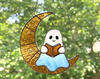 Ghost on Crescent Moon Stained Glass, Ghost Halloween Glass Pattern Suncatcher, Cresent Moon Stained Glass Pattern, Modern Suncatcher, DIY