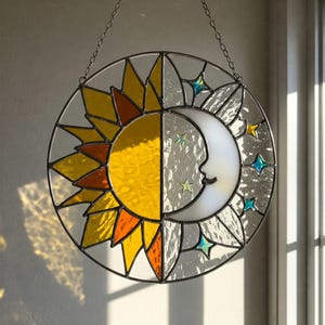 Sun and Moon Stained Glass Pattern, Moon Glass Suncatcher Pattern, Sunset stained glass, Modern Suncatcher, DIY Stained Glass Hanging Decor