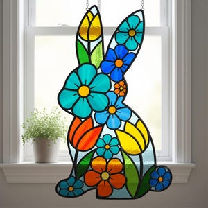 Stained Glass Floral Bunny Silhouette PDF Pattern, Colorful Rabbit Handmade Suncatcher, Modern Decor Home, DIY Stained Glass