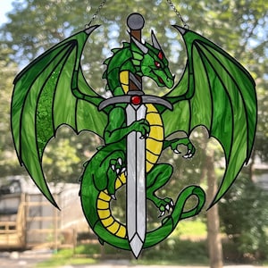 Green Dragon Hanging Stained Glass Pattern, Dragon With A Sword Stained Glass Pattern, Modern Suncatcher, DIY Stained Glass, Gift For Him