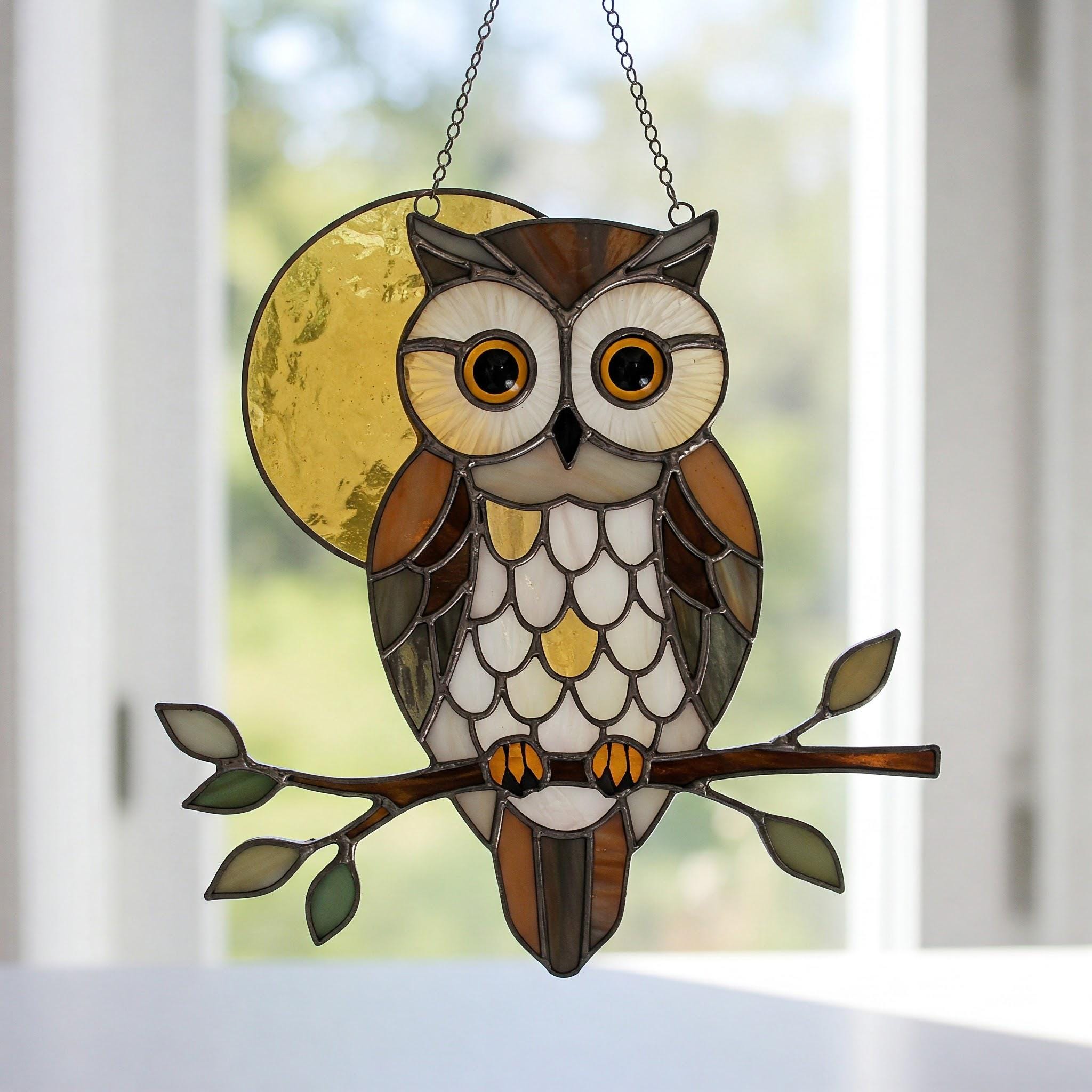Owl Stained Glass Pattern Digital Download, Owl Suncatcher Stained Glass Pattern, Modern Suncatcher,