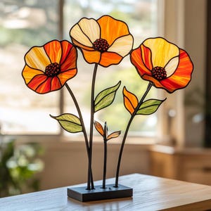 Digital Download Poppy Flower Stained Glass Pattern, Flower Stained Glass Pattern, Modern Suncatcher, DIY Stained Glass, Mother&#39;s Day Gift
