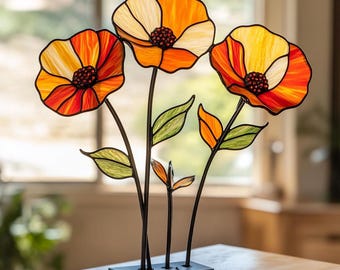 Digitale download klaproos bloem gebrandschilderd glaspatroon, gebrandschilderd glas bloemenpatroon, moderne Suncatcher, DIY gebrandschilderd glas, Moederdagcadeau