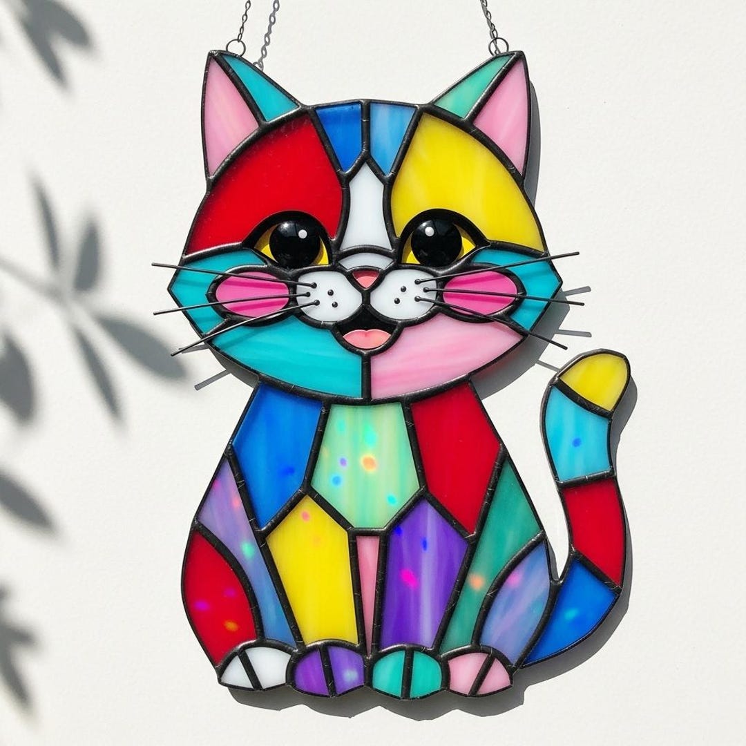 Rainbow Cat Stained Glass Suncatcher, Colorful Kitty PDF Stained Glass ...