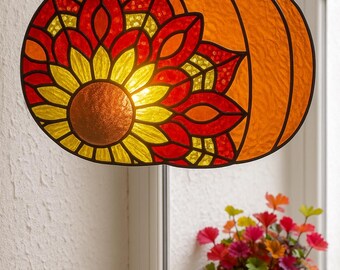 Kürbis und Sonnenblume Glasmalerei Suncatcher, Floral Kürbis PDF Glasmalerei-Muster, Thanksgiving-Dekor, festliches DIY-Dekor