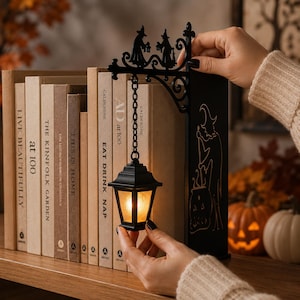 Mini Bookshelf Lamp Decor, Warm LED Shelf Light, Vintage Library Lantern, Ghost Witch And Happy Place Designs, Cozy Book Nook Gift