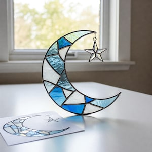 Crescent Moon Stained Glass Pattern, Crescent Moon Glass Suncatcher Pattern, Home Decor, Modern Suncatcher, DIY Stained Glass, Gift For Mom