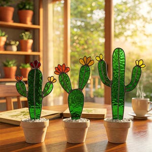 Stained Glass Cactus Digital Download, Cactus Trio in Pots with Colorful Flowers Stained Glass Pattern, Dessert Plant Table Decor, PDF