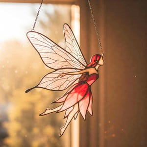 Fairy Stained Glass Pattern, Red Flying Flower Fairy Suncatcher, DIY Stained Glass, Garden Lover Gift, Fantasy Decor, Hanging
