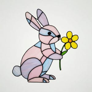 Bunny With Daisy Flower Stained Glass Pattern, Cute Bunny Stained Glass Suncatcher Pattern, Modern Suncatcher, DIY Stained Glass, Home Decor