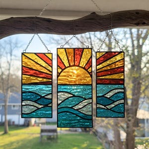 Sunset Stained Glass Pattern, Ocean Waves Glass Suncatcher Pattern, Ocean Sunset Glass Pattern, Nature Hanging Decor Home, DIY Stained Glass