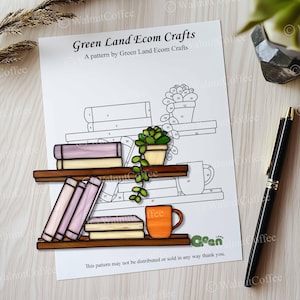 Bookshelf Stained Glass, Literary With Plant And Coffee Cup Glass Suncatcher Pattern, Modern Suncatcher, DIY Stained Glass, Book Lover Gift