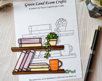 Bookshelf Stained Glass, Literary With Plant And Coffee Cup Glass Suncatcher Pattern, Modern Suncatcher, DIY Stained Glass, Book Lover Gift