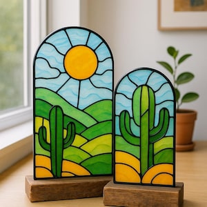 Vitral de cactus del desierto, patrón de vitral de cactus con sol (PDF), atrapasol soleado del desierto, regalo para amantes de las plantas, vitral de cactus DIY