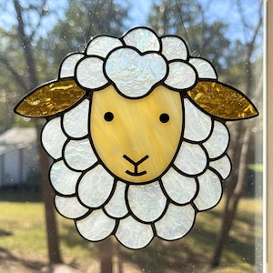 Sheep Stained Glass Pattern, Cute Lamp Stained Glass, Farm Animal Hanging Decor, DIY Stained Glass, Gift for mom, Fluffy Lamp Suncatcher