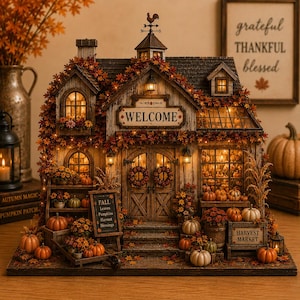 Könnte beinhalten: Ein hölzernes Miniatur-Herbstmarktgebäude mit einem Willkommensschild, beleuchteten Fenstern und herbstlichem Laub. Das Modell zeigt ein Schild mit der Aufschrift FALL Leaves Pumpkins Harvest Blessings und eine Kiste mit der Aufschrift HARVEST MARKET, umgeben von Kürbissen.
