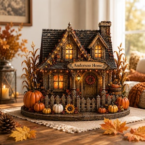 Pode incluir: Uma figura de casa em miniatura iluminada com a etiqueta Anderson Home, apresentando um telhado de telhas escuras, paredes com textura de pedra e uma cerca de madeira. A cena é decorada com abóboras laranja, um girassol e folhas de outono.