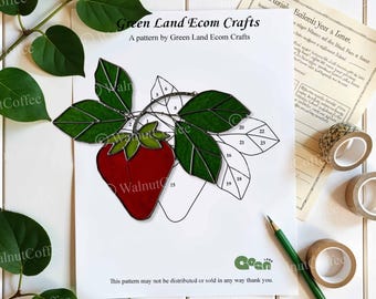 Strawberry with Green Leaves Stained Glass Pattern, Digital Download, Summer Fruit Pattern PDF, Gift for her, DIY Stained Glass