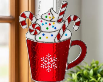 Weihnachten heißen Kakao Glasverzierung, roter Becher mit Zuckerstangen und Schlagsahne PDF Muster, Urlaub Dekor, DIY Glasmalerei