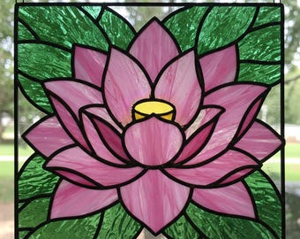 蓮の花のステンドグラス、ピンクの花の蓮のPDFパターンサン