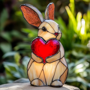 May include: A stained glass rabbit figurine holding a red heart. The rabbit is cream coloured with brown ears and a light brown nose. The heart is made of red glass with a shiny finish.