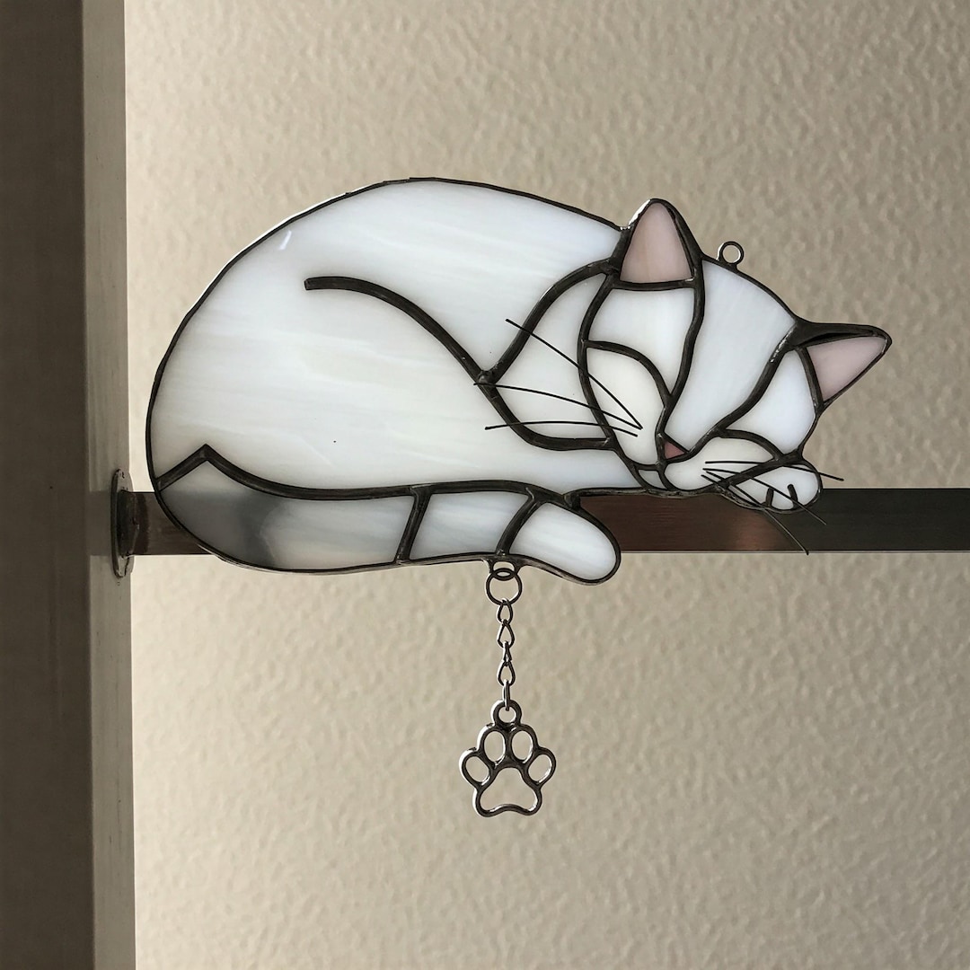 Sleeping Cat Stained Glass Pattern, Cute Cat Suncatcher, Adorable ...
