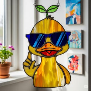 Cool Duck Stained Glass Suncatcher, Duck With Sunglasses PDF Pattern Stained Glass, Funny Cartoon Duck Decor, Unique DIY Gift, Gift For Him