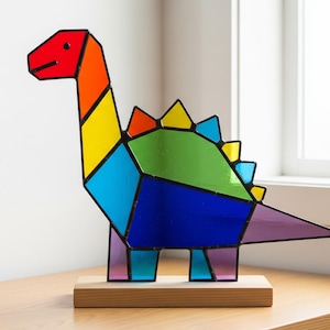 Rainbow Dinosaur Stained Glass, Colorful Geometric Dinosaur PDF Pattern Suncatcher, Dino Home Decor PDF, DIY Stained Glass