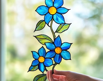 Glasmalerei-Vergissmeinnicht-Blumenmuster, Vergissmeinnicht-Blumen-Suncatcher-Muster, moderner Suncatcher, DIY-Buntglas, Muttergeschenk
