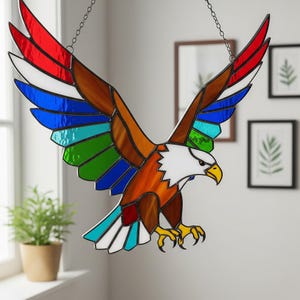 Stained Glass Bald Eagle With Colorful Wings, Patriotic American Eagle PDF Pattern Stained Glass, Handmade Eagle Suncatcher